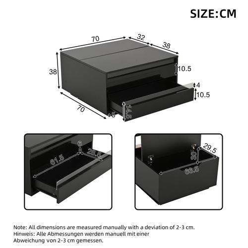 Table Basse 70x70x38 Cm Avec LED, Plateau Relevable Et Rangement, Noir