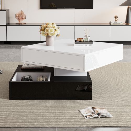 Table Basse 70x70 Cm Rotative Avec 3 Tiroirs Et Plateau Ajustable Noir Et Blanc
