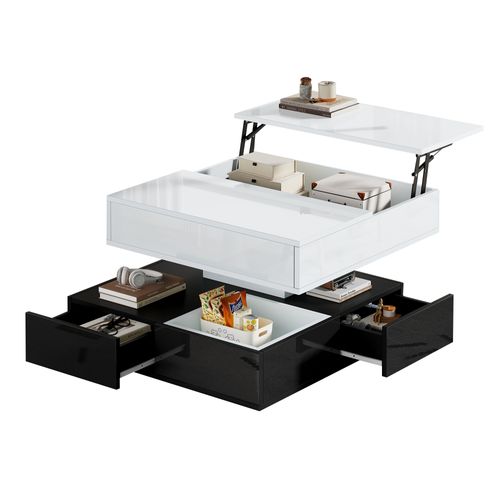 Table Basse 70x70 Cm Rotative Avec 3 Tiroirs Et Plateau Ajustable Noir Et Blanc