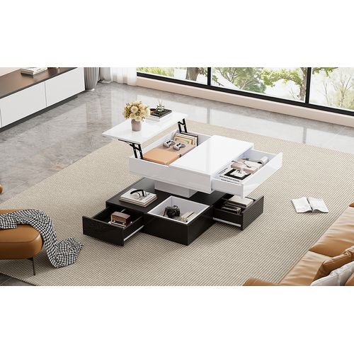 Table Basse 70x70 Cm Rotative Avec 3 Tiroirs Et Plateau Ajustable Noir Et Blanc