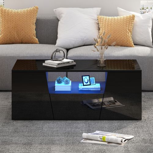 Table Basse 100x50x40 Cm Noire Avec LED, 2 Armoires Et Tiroir
