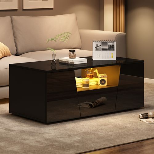 Table Basse 100x50x40 Cm Noire Avec LED, 2 Armoires Et Tiroir