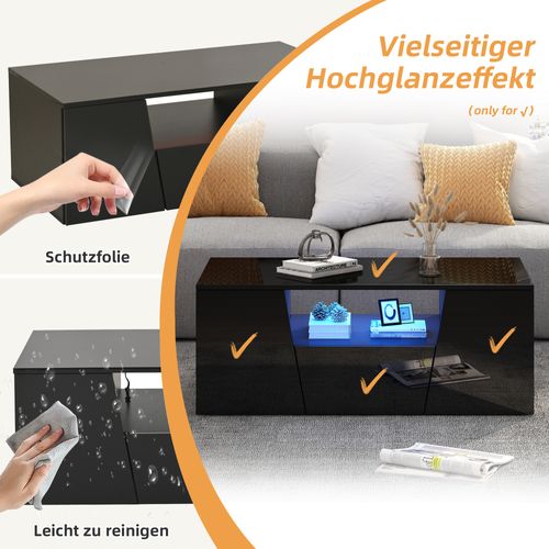 Table Basse 100x50x40 Cm Noire Avec LED, 2 Armoires Et Tiroir