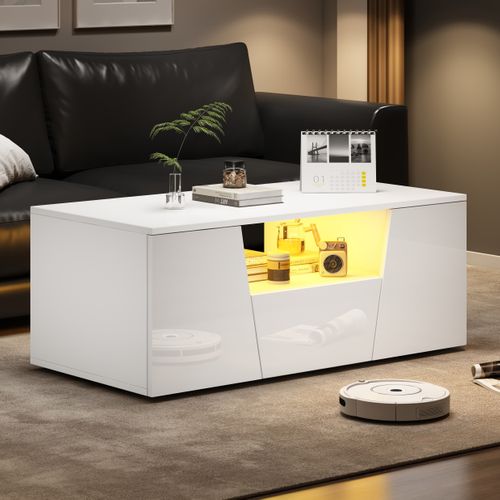 Table Basse 100x50x40 Cm Blance Avec LED, 2 Armoires Et Tiroir, Noir