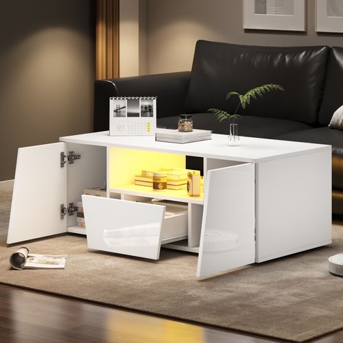 Table Basse 100x50x40 Cm Blance Avec LED, 2 Armoires Et Tiroir, Noir