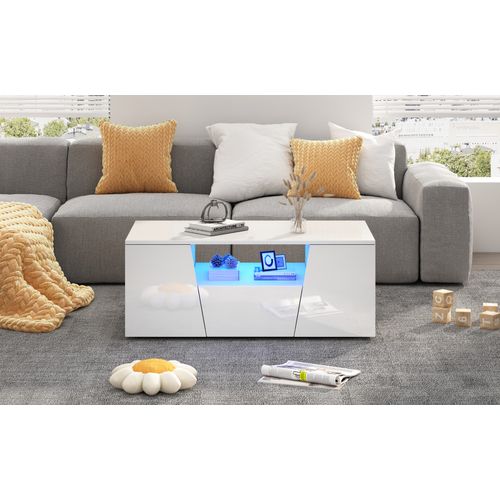 Table Basse 100x50x40 Cm Blance Avec LED, 2 Armoires Et Tiroir, Noir