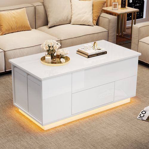 Table Basse 4-en-1 100x50x45 Cm Blance Avec LED Et Rangement Complet