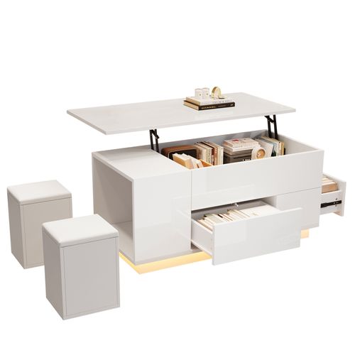 Table Basse 4-en-1 100x50x45 Cm Blance Avec LED Et Rangement Complet