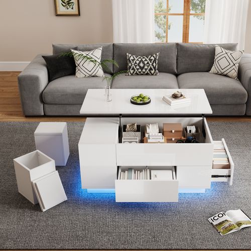 Table Basse 4-en-1 100x50x45 Cm Blance Avec LED Et Rangement Complet