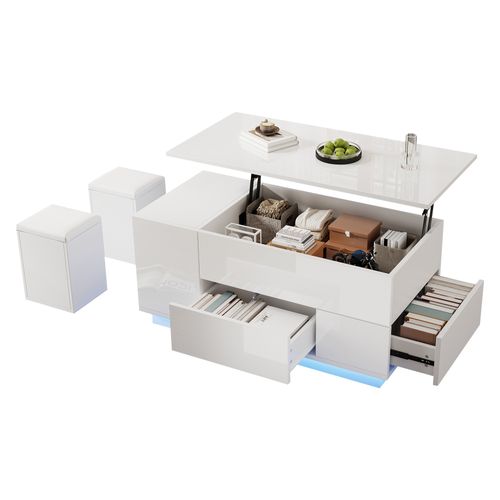 Table Basse 4-en-1 100x50x45 Cm Blance Avec LED Et Rangement Complet