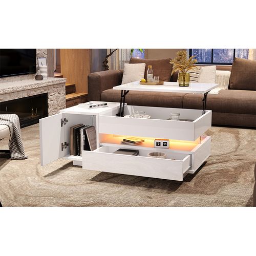 Table Basse 95x50x40 Cm Blance Avec LED, Plateau Relevable Et Rangement Intégré