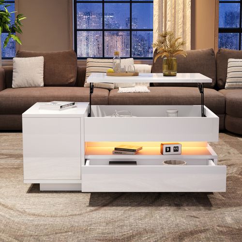 Table Basse 95x50x40 Cm Blance Avec LED, Plateau Relevable Et Rangement Intégré