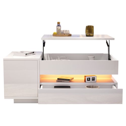Table Basse 95x50x40 Cm Blance Avec LED, Plateau Relevable Et Rangement Intégré