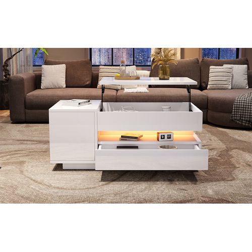 Table Basse 95x50x40 Cm Blance Avec LED, Plateau Relevable Et Rangement Intégré