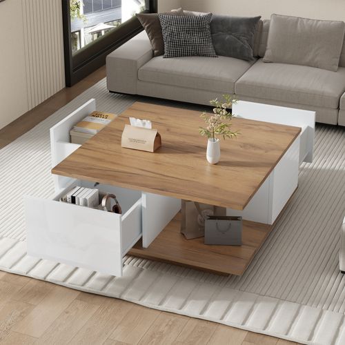 Table Basse 70x70x31,5 Cm Blanche Et Bois Avec 3 Tiroirs Et Design Géométrique