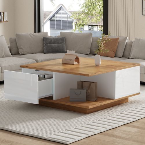 Table Basse 70x70x31,5 Cm Blanche Et Bois Avec 3 Tiroirs Et Design Géométrique