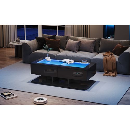 Table Basse 100x50x35 Cm Noire Avec LED, Verre Trempé Et 2 Tiroirs