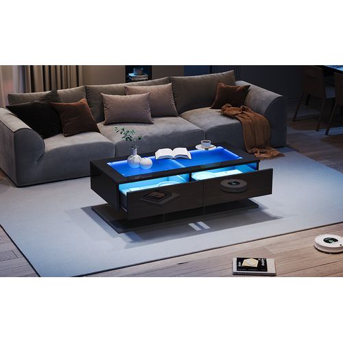 Table Basse 100x50x35 Cm Noire Avec LED, Verre Trempé Et 2 Tiroirs