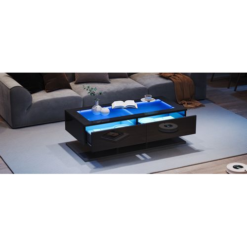 Table Basse 100x50x35 Cm Noire Avec LED, Verre Trempé Et 2 Tiroirs