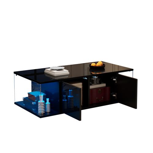 Table Basse 100x50 Cm Noire Avec LED, Verre Trempé Et Deux Armoires