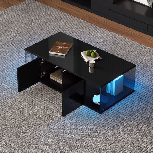 Table Basse 100x50 Cm Noire Avec LED, Verre Trempé Et Deux Armoires