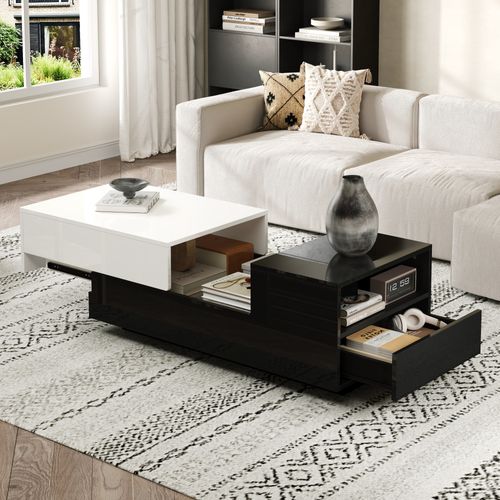 Table Basse 100x50 Cm Noire Et Blanche Avec LED, Tiroirs Et Plateau Coulissant