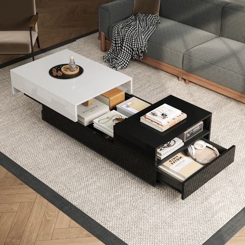 Table Basse 100x50 Cm Noire Et Blanche Avec LED, Tiroirs Et Plateau Coulissant