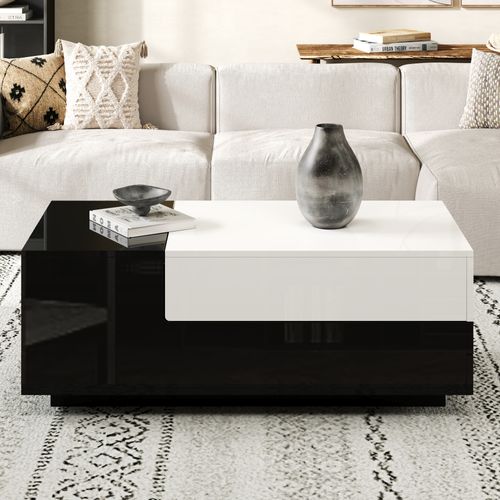 Table Basse 100x50 Cm Noire Et Blanche Avec LED, Tiroirs Et Plateau Coulissant