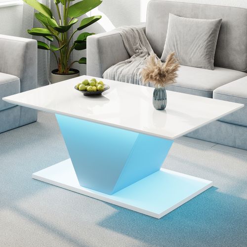 Table Basse 100x50 Cm Blanche V-forme Avec LED, Design Moderne