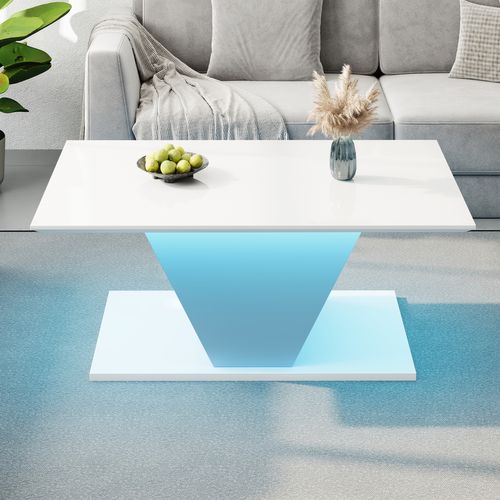 Table Basse 100x50 Cm Blanche V-forme Avec LED, Design Moderne