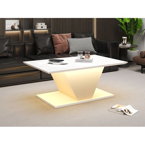 Table Basse 100x50 Cm Blanche V-forme Avec LED, Design Moderne