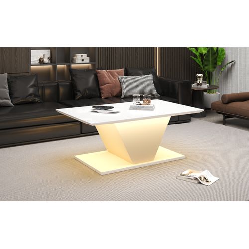 Table Basse 100x50 Cm Blanche V-forme Avec LED, Design Moderne