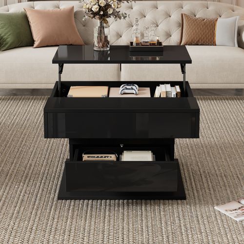 Table Basse 70x70 Cm Noire Avec Plateau Rotatif 360° Et Tiroir