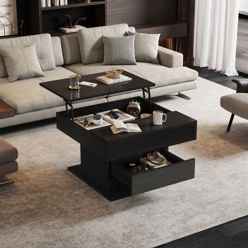 Table Basse 70x70 Cm Noire Avec Plateau Rotatif 360° Et Tiroir