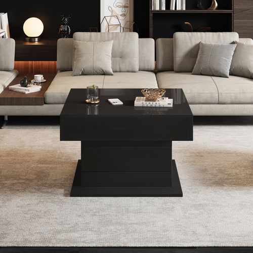 Table Basse 70x70 Cm Noire Avec Plateau Rotatif 360° Et Tiroir