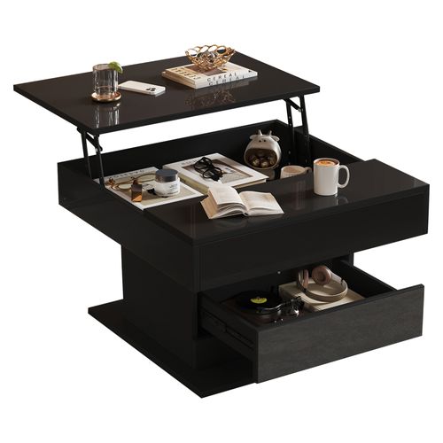 Table Basse 70x70 Cm Noire Avec Plateau Rotatif 360° Et Tiroir