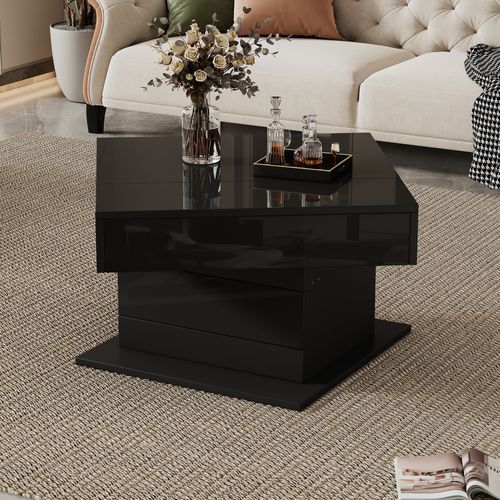 Table Basse 70x70 Cm Noire Avec Plateau Rotatif 360° Et Tiroir