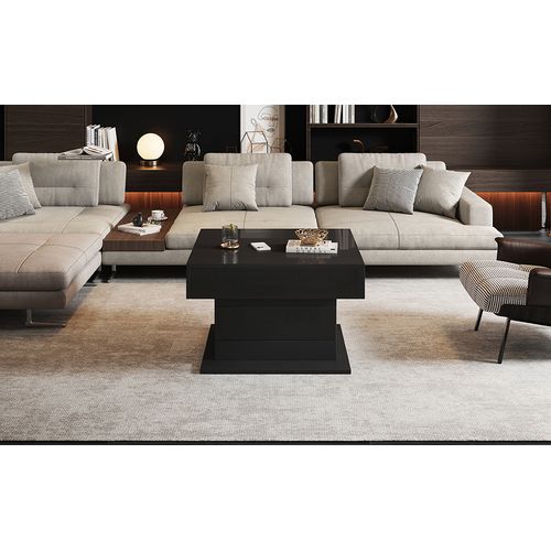 Table Basse 70x70 Cm Noire Avec Plateau Rotatif 360° Et Tiroir