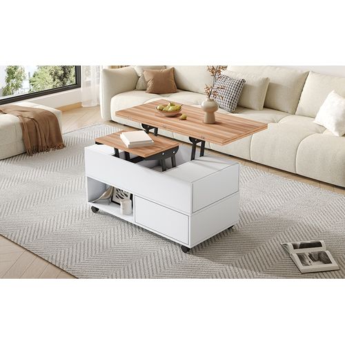 Table Basse Relevable 100x50 Cm Avec 4 Tiroirs Et Roulettes, Blanche Et Bois