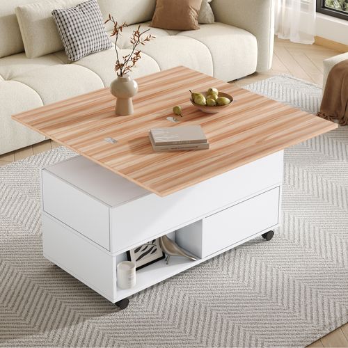 Table Basse Relevable 100x50 Cm Avec 4 Tiroirs Et Roulettes, Blanche Et Bois