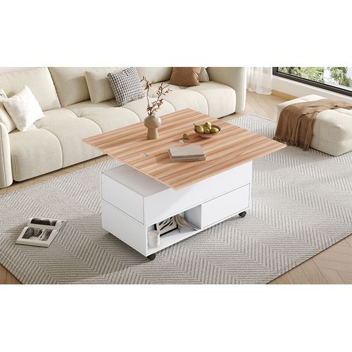 Table Basse Relevable 100x50 Cm Avec 4 Tiroirs Et Roulettes, Blanche Et Bois