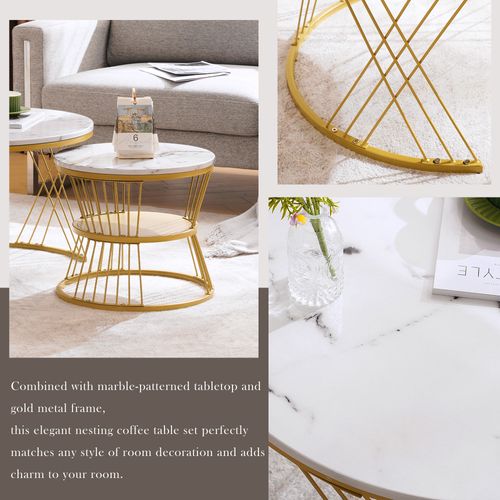 Ensemble De 2 Tables Gigognes Rondes Effet Marbre, Cadre Doré, Mdf