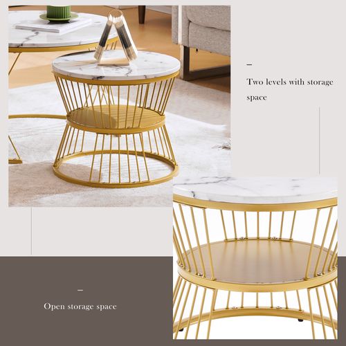 Ensemble De 2 Tables Gigognes Rondes Effet Marbre, Cadre Doré, Mdf