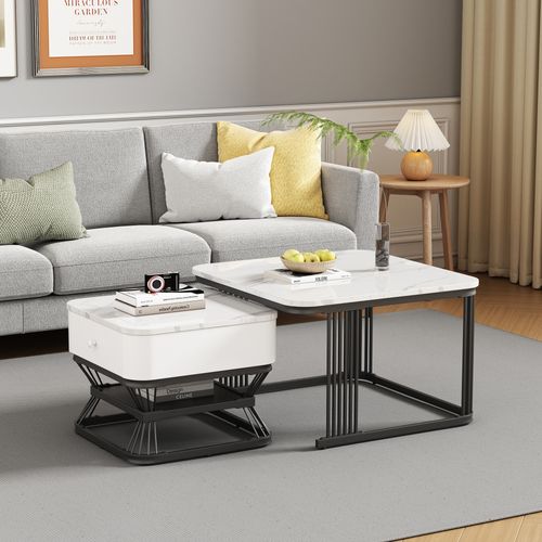 Ensemble De 2 Tables Basses Rondes Effet Marbre, Mdf Et Métal, Blanc/noir