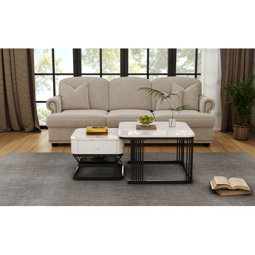 Ensemble De 2 Tables Basses Rondes Effet Marbre, Mdf Et Métal, Blanc/noir