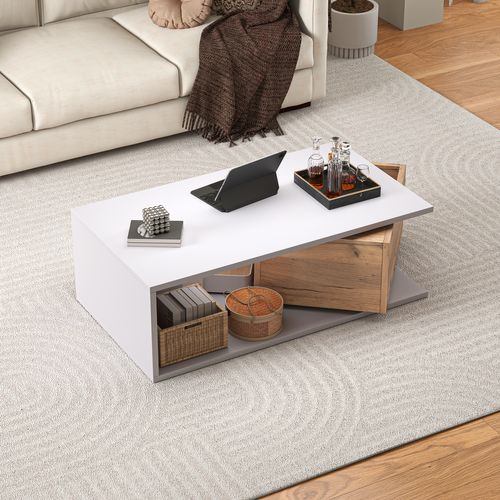 Table Basse Blanche Et Bois Avec Tiroir Pivotant 360° Et Rangement Ouvert
