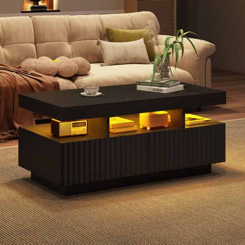 Table Basse 100x50x45 Cm Noire Avec LED Et 2 Tiroirs à Rayures Verticales