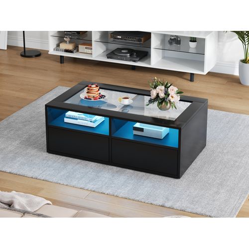 Table Basse 100x50x35 Cm Noire Avec LED Et 2 Tiroirs Double Niveau