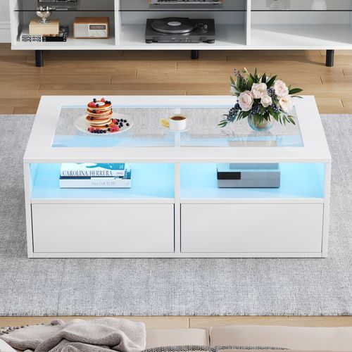 Table Basse 100x50x35 Cm Blance Avec LED Et 2 Tiroirs Double Niveau