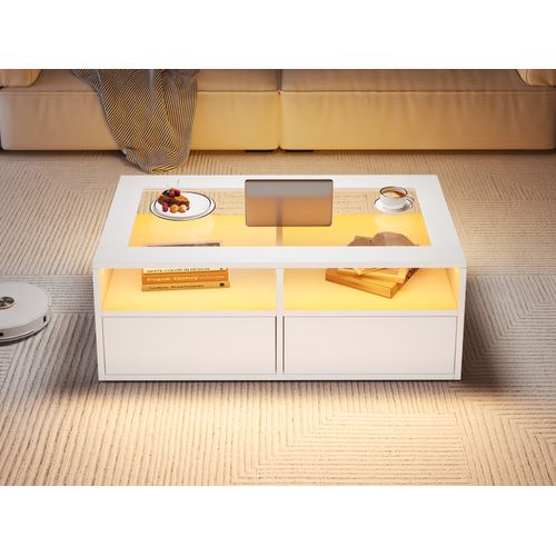 Table Basse 100x50x35 Cm Blance Avec LED Et 2 Tiroirs Double Niveau